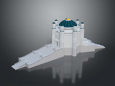 Ancient Architecture Featuring Green Dome Golden Top White Walls Small Towers Steps and Reflection 3d model