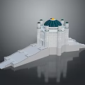 Ancient Architecture Featuring Green Dome Golden Top White Walls Small Towers Steps and Reflection