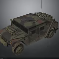 Camouflaged Military Hummer Vehicle With Roof Equipment Antenna And Rugged Tires