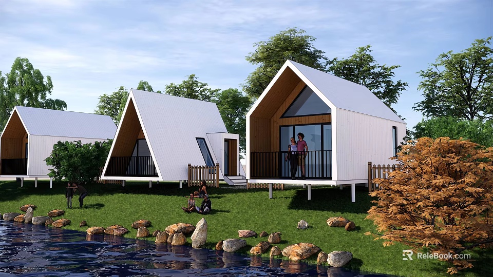 Scenic White Wooden Cabin With Triangular Roof Balcony Grass Trees And Water 3d model 