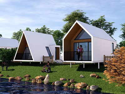 Scenic White Wooden Cabin With Triangular Roof Balcony Grass Trees And Water 3d model