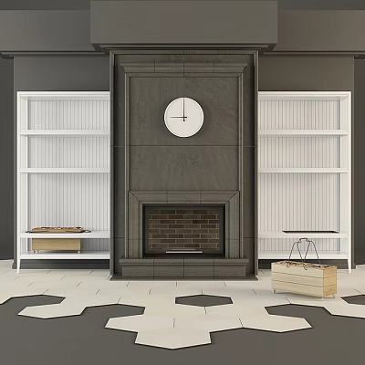 Modern Fireplace Interior With White Bookshelves Wall Clock And Geometric Floor Tiles 3d model