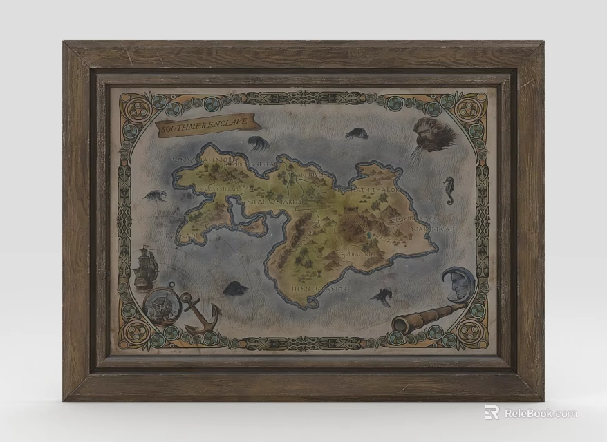 Ornate Framed Furniture Wall Art with Vintage Map Design and Decorative Anchor Scroll Details 3d model 