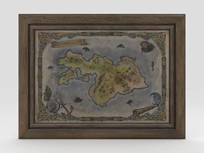 Ornate Framed Furniture Wall Art with Vintage Map Design and Decorative Anchor Scroll Details 3d model