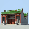 Ancient Chinese Architecture Courtyard With Red Pillars Green Tiled Roof And Carved Decorations