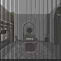 Elegant Chinese Style Lounge With Wooden Tea Table Green Chairs Arched Doorways And Display Shelves