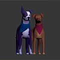 3D Model Dogs Standing With Blue And Red Scarves On Dark Background