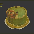 Green Frosted Cake Featuring Pink Decorations Black Berries White Piped Edges and Yellow Bottom Trim
