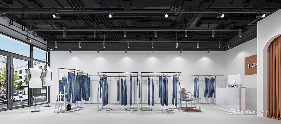 Clothing Store With Metal Racks Blue Jeans White Walls Black Ceiling Lighting And Small Table 3d model 