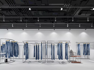 Clothing Store With Metal Racks Blue Jeans White Walls Black Ceiling Lighting And Small Table 3d model