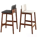 Modern Bar Stools With Wooden Frame Dark Leather And Light Fabric Upholstery