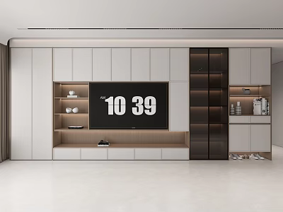 Modern TV Wall Design With White Dark Cabinets Open Shelves And Decorative Items 3d model