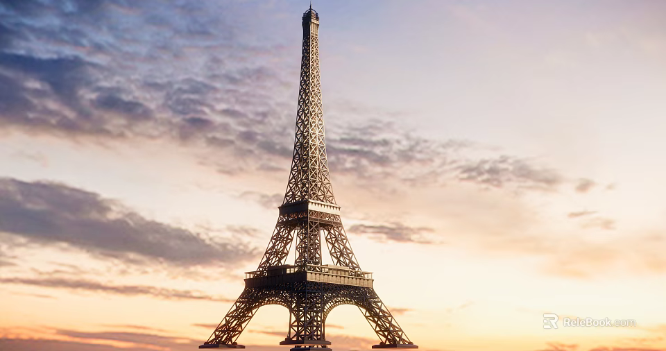 Eiffel Tower Paris France Iconic Metal Structure Against Sunset Sky With Clouds 3d model 