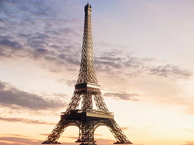 Eiffel Tower Paris France Iconic Metal Structure Against Sunset Sky With Clouds 3d model