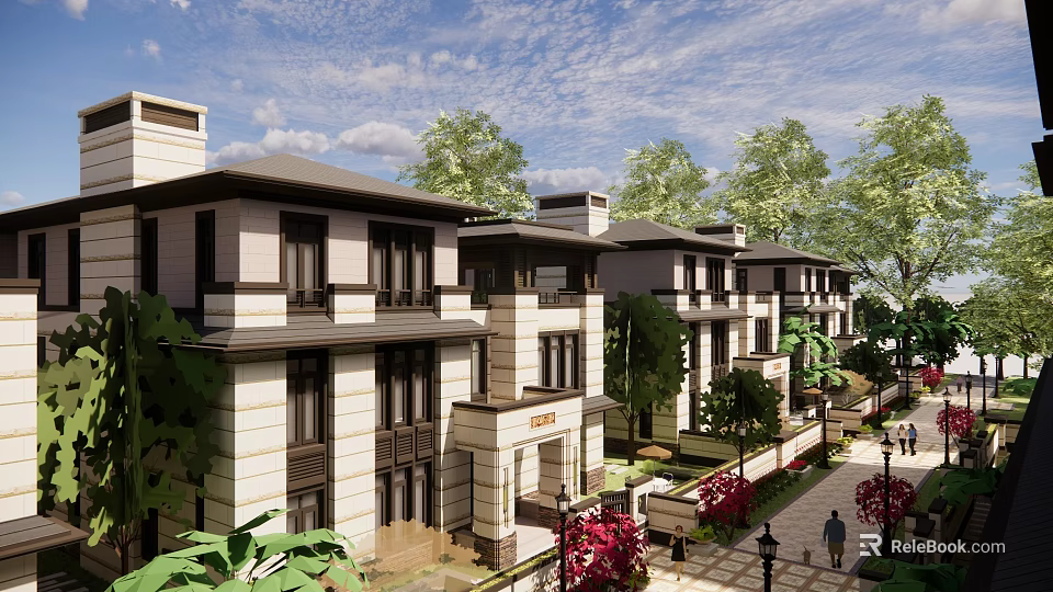 Scenic Modern Townhouses Featuring Light Dark Facade Greenery And Pedestrian Walkway 3d model 