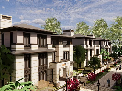 Scenic Modern Townhouses Featuring Light Dark Facade Greenery And Pedestrian Walkway 3d model
