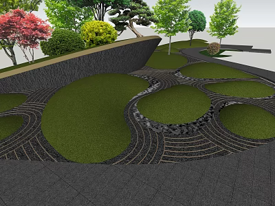 Landscape Design Featuring Green Lawn Areas Curved Stone Pathways Colorful Trees And Stone Wall Decorations 3d model