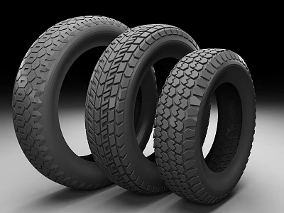 Different Types of Car Tires with Various Tread Patterns on Black Background 3d model