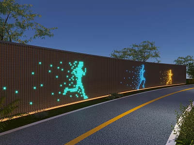 Outdoor Scenic Wall With Illuminated Dynamic Running Figures And Colorful Lights Along Road 3d model