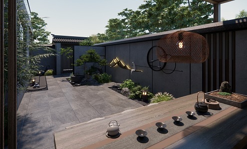 Zen Style Villa Courtyard Garden Landscape Gazebo Tea Room 3d model