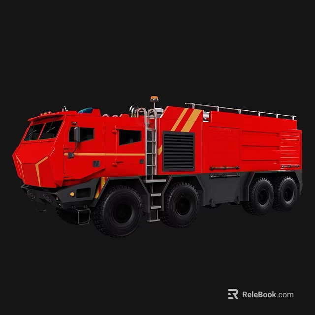 Red Functional Fire Truck With Multiple Wheels Ladder And Yellow Stripes 3d model 