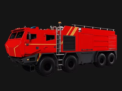 Red Functional Fire Truck With Multiple Wheels Ladder And Yellow Stripes 3d model