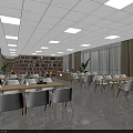 Cafeteria Dining Space With Tables Chairs White Ceiling Wall Signs And Serving Counter 3d model