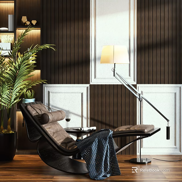 Brown Leather Recliner Chair With Floor Lamp Green Plant And Wooden Wall Panel 3d model 