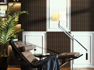 Brown Leather Recliner Chair With Floor Lamp Green Plant And Wooden Wall Panel 3d model