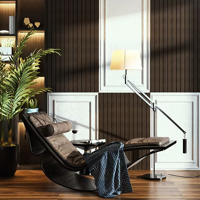 Brown Leather Recliner Chair With Floor Lamp Green Plant And Wooden Wall Panel 3d model