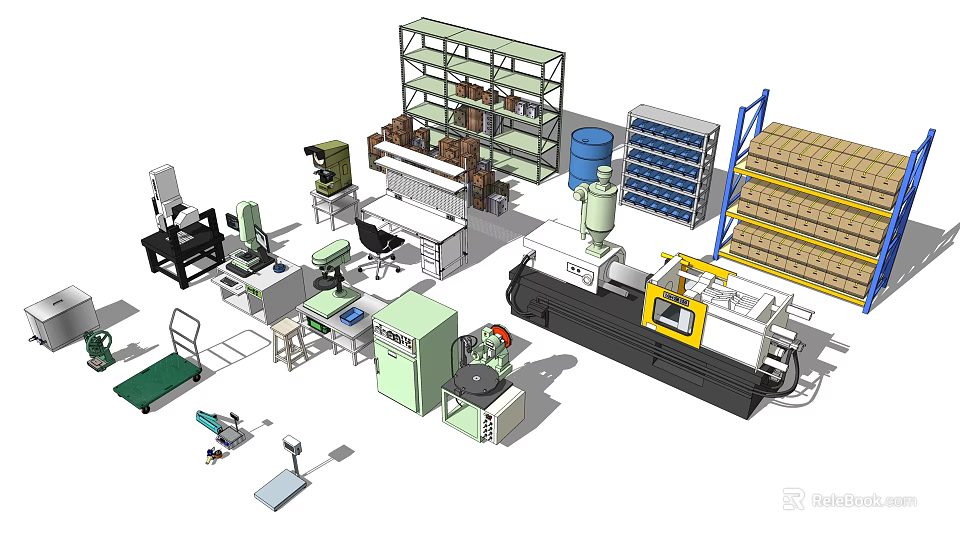 Industrial Equipment Including Injection Molding Machines Shelving Conveyor Belts And Control Cabinets In Factory 3d model 