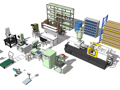 Industrial Equipment Including Injection Molding Machines Shelving Conveyor Belts And Control Cabinets In Factory 3d model