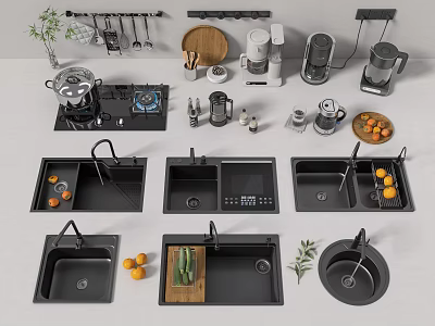 Modern Black Kitchen Sink Designs With Faucet Oranges Cucumber Drainer And Cutting Board 3d model
