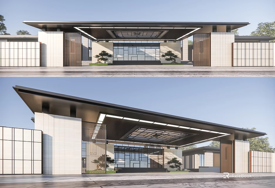 Modern Sales Office Building Design With Contemporary Roof Large Glass Windows And Stone Walls 3d model 