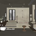 Modern Bathroom Interior With Bathtub Shower Steps Large Mirror And Potted Plants