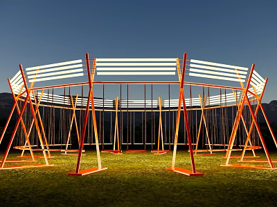 Circular Outdoor Art Installation Featuring Orange Swings White Stripes Green Grass And Mountain Backdrop 3d model
