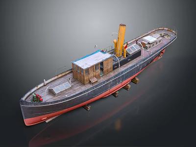 Classic Steamship Model With Wooden Deck Cabin And Yellow Chimney 3d model