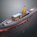 Classic Steamship Model With Wooden Deck Cabin And Yellow Chimney