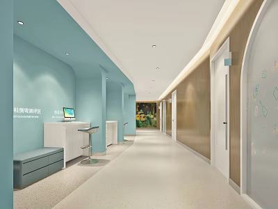 Modern Corridor Interior With Blue Walls Reception Desk Bench And Green Plants 3d model