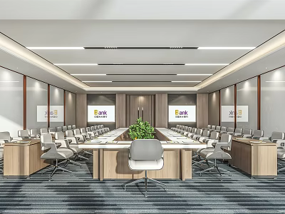 Modern Conference Room Interior With Long Table Chairs Projector Screens Wooden Elements Green Plant 3d model