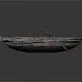 Vintage Wooden Boat with Weathered Wooden Planks and Oar on Reflective Black Background