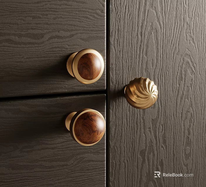 Brass Knobs With Wood Inlays On Dark Wood Grain Furniture Surface 3d model 