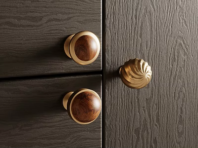 Brass Knobs With Wood Inlays On Dark Wood Grain Furniture Surface 3d model