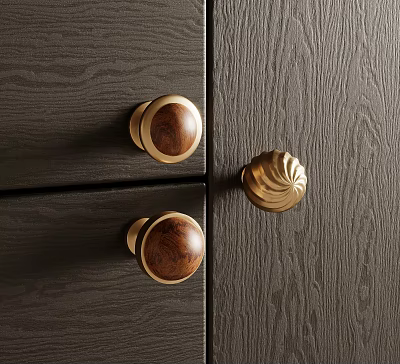 Brass Knobs With Wood Inlays On Dark Wood Grain Furniture Surface 3d model