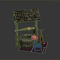 Vintage Well Structure Scene Featuring Wooden Frame Tile Roof Side Chair And Colorful Mats