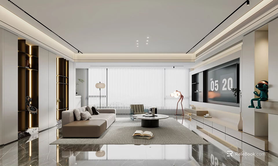 Modern Living and Dining Room Interior With Sofa Coffee Table TV Wall And Windows 3d model 