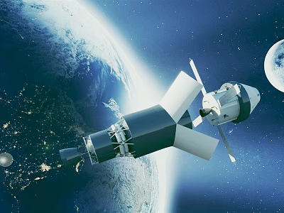 Satellite Orbiting Earth With Moon In Starry Space Background 3d model