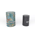 Rusted Blue And Black Industrial Metal Drums With Vintage Weathered Finish