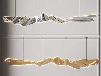 Modern Curved Metallic Chandelier With Wave Like Silver And Gold Shiny Hanging Design 3d model