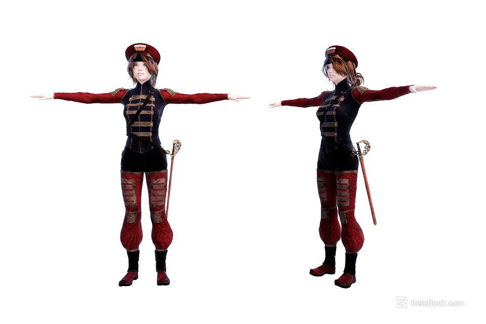 Game and Movie Character in Red and Black Outfit With Hat Striped Pants and Scepter 3d model 